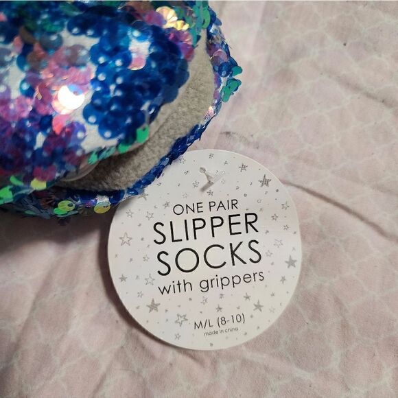Nwt Women's Penguin Flip Sequin Pull-On Slipper Socks - Blue/Gray M/L 8-10 - Picture 4 of 4